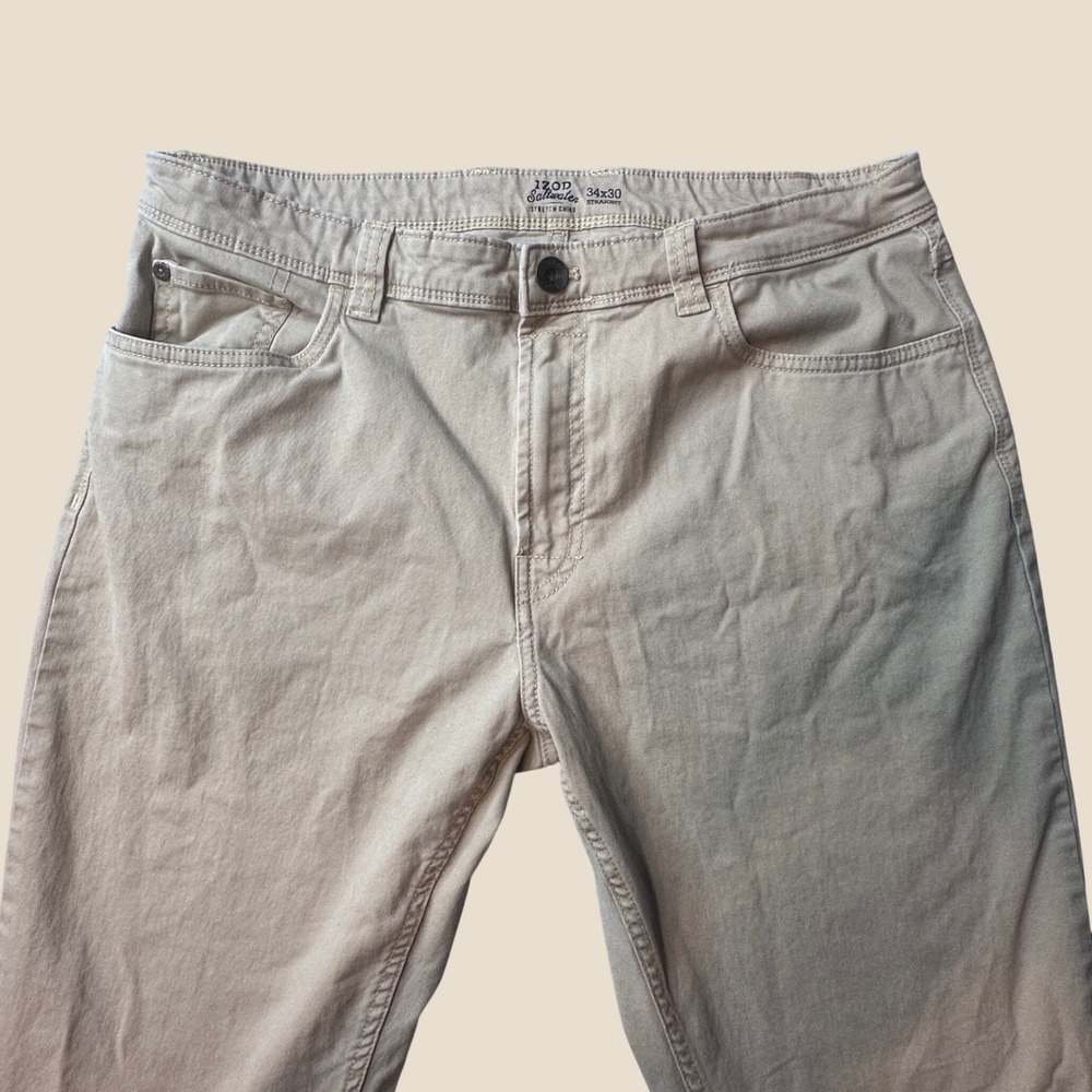 IZOD Pants Mens 34x30 (34x28) Saltwater Stretch Chino Tan Straight 45BP019261